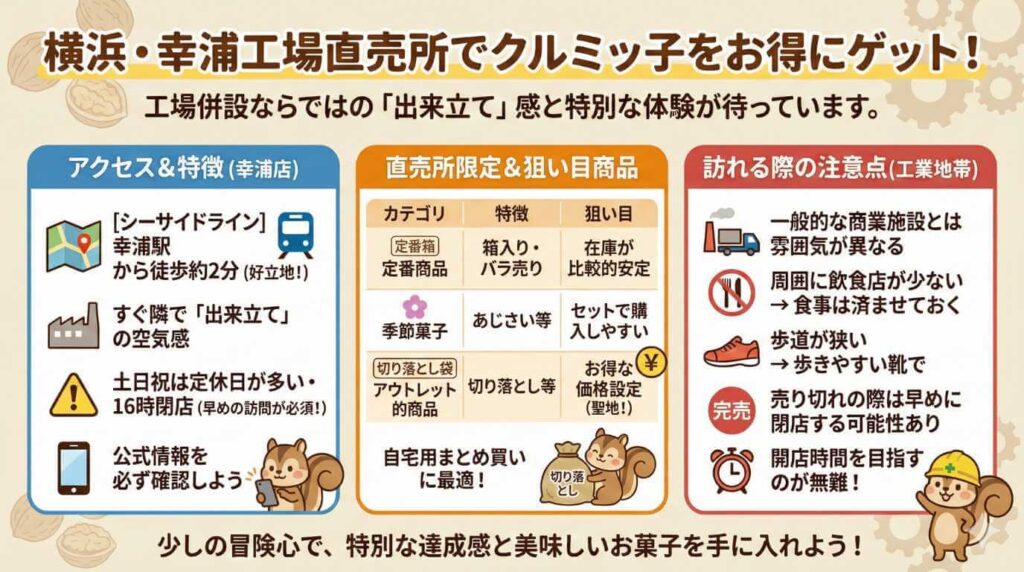 横浜の工場直売所でクルミッ子がどこで買えるかお得な情報